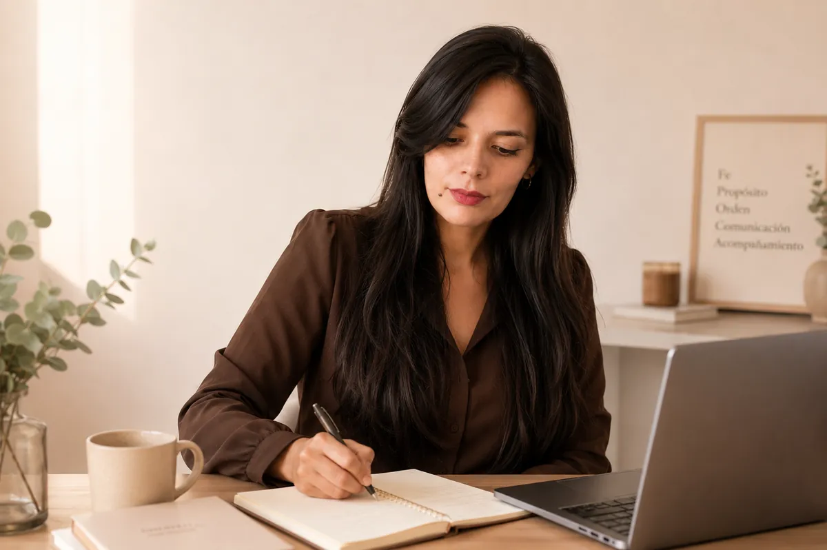 Marisol escribiendo en su escritorio, con un cuadro que dice Fe, Propósito, Orden, Comunicación, Acompañamiento de fondo